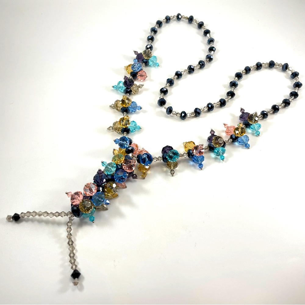 Stunning Unsigned Rainbow Faceted Round Rondelle Glass Beaded Tassel Necklace